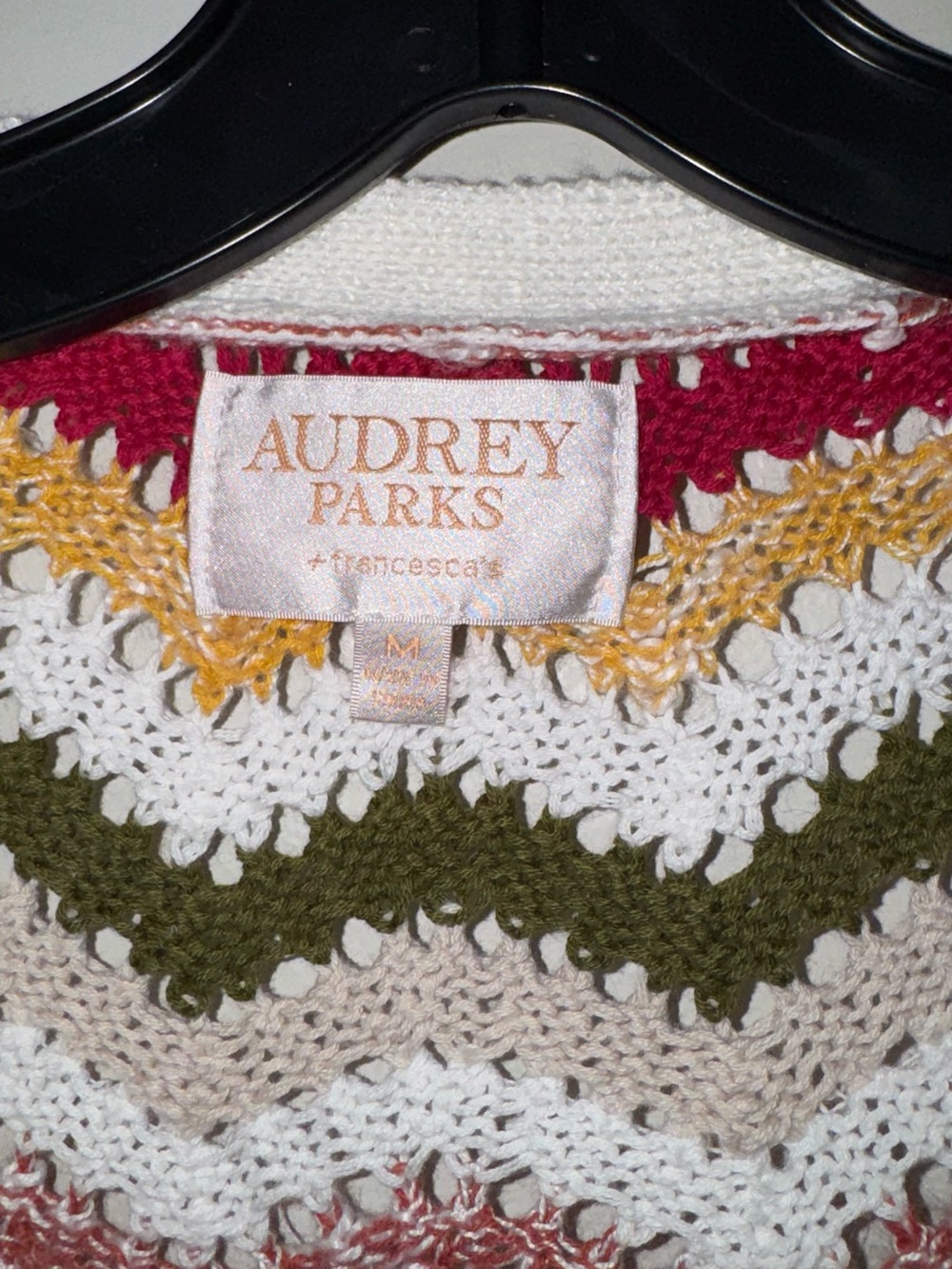 Crochet Tie-Front Cardigan in Cream with Olive, Pink & Gold Chevron - Picture 6 of 12